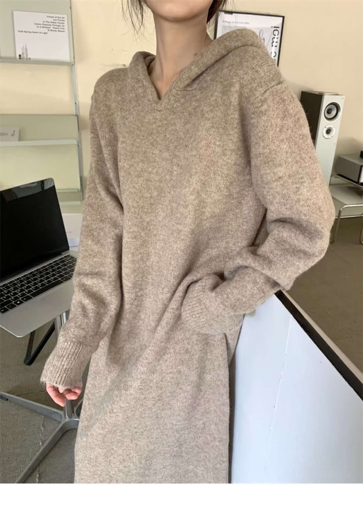 ロングワンピース カシミヤ混 リラックスフードワンピース