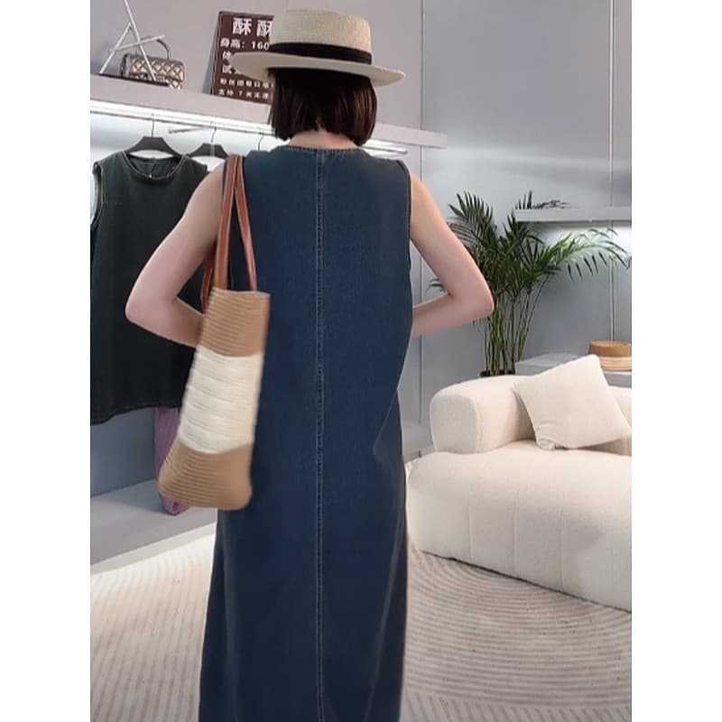 ロングワンピース デニム ゆったりシルエットサロペットワンピース