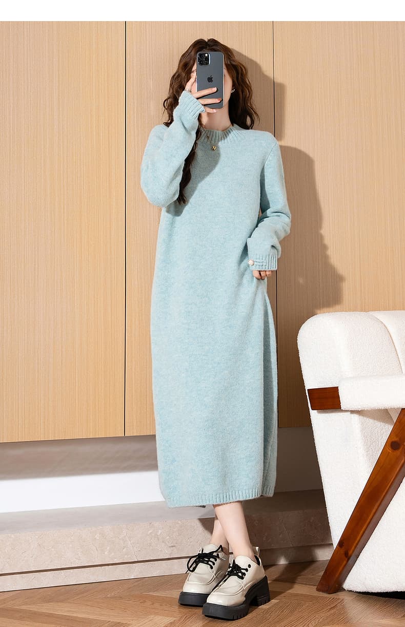 ロングワンピース ニット 優美なシルエット プリーツニットワンピース