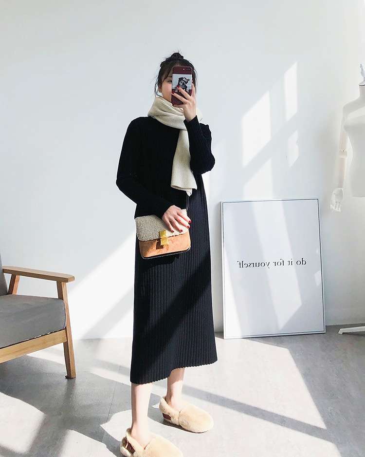 ロングワンピース リブ編みタートルネックミディアム丈ワンピース