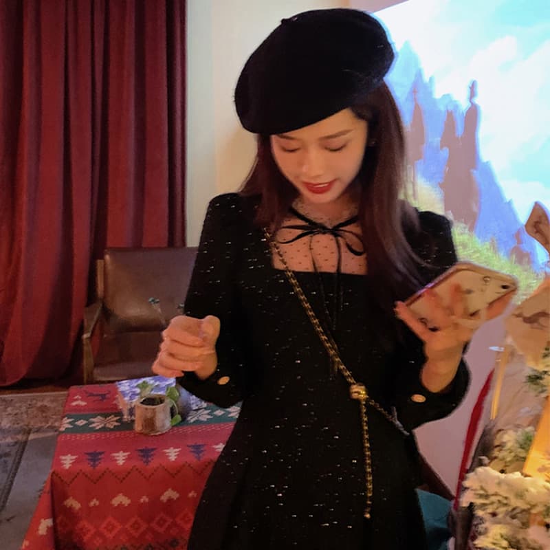 ロングワンピース レース ドットチュールレースリボン付きベロアロングワンピース