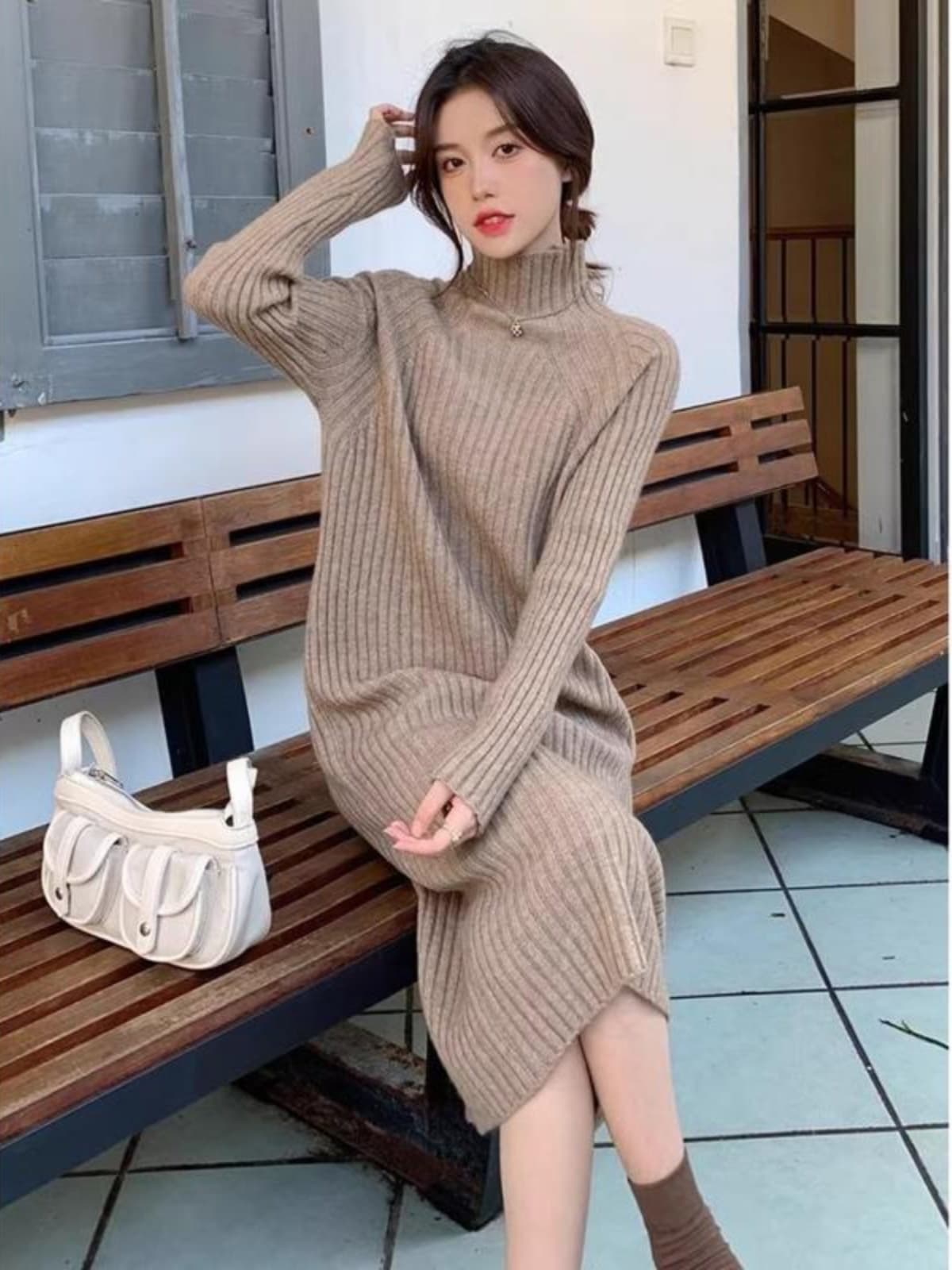 ロングワンピース ニット リブ編みハイネックロングワンピース
