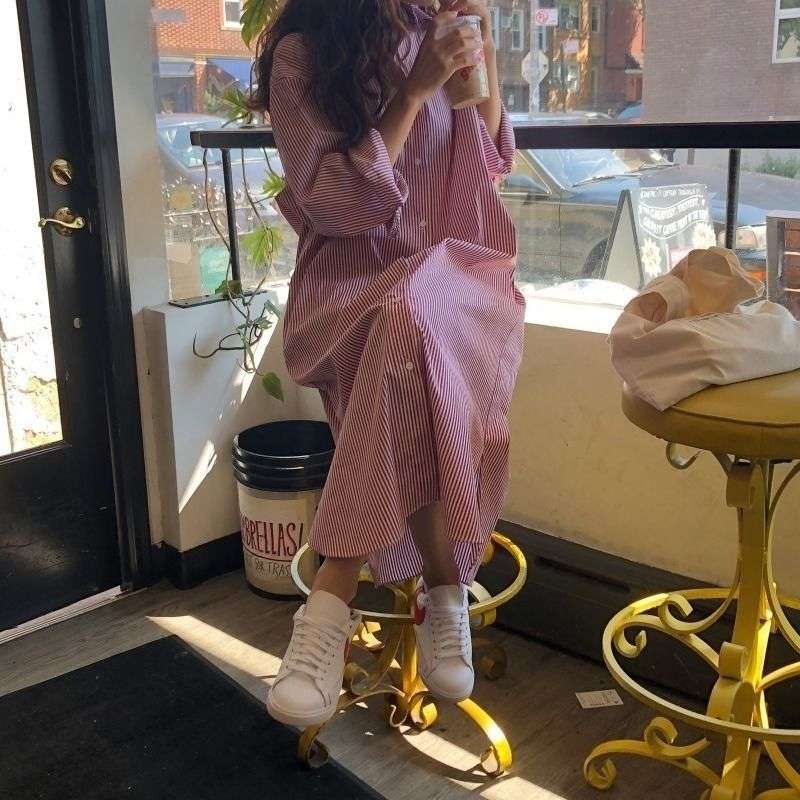 ロングワンピース ナチュラルストライプシャツワンピース
