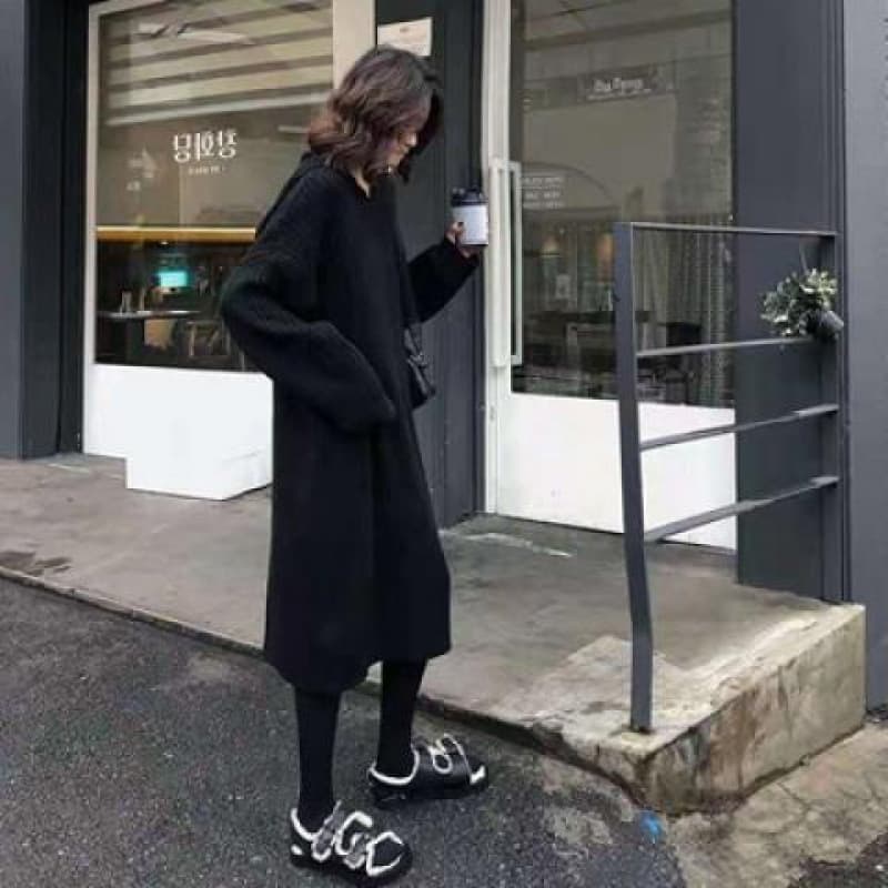 ロングワンピース リブ編みフード付きロングワンピース