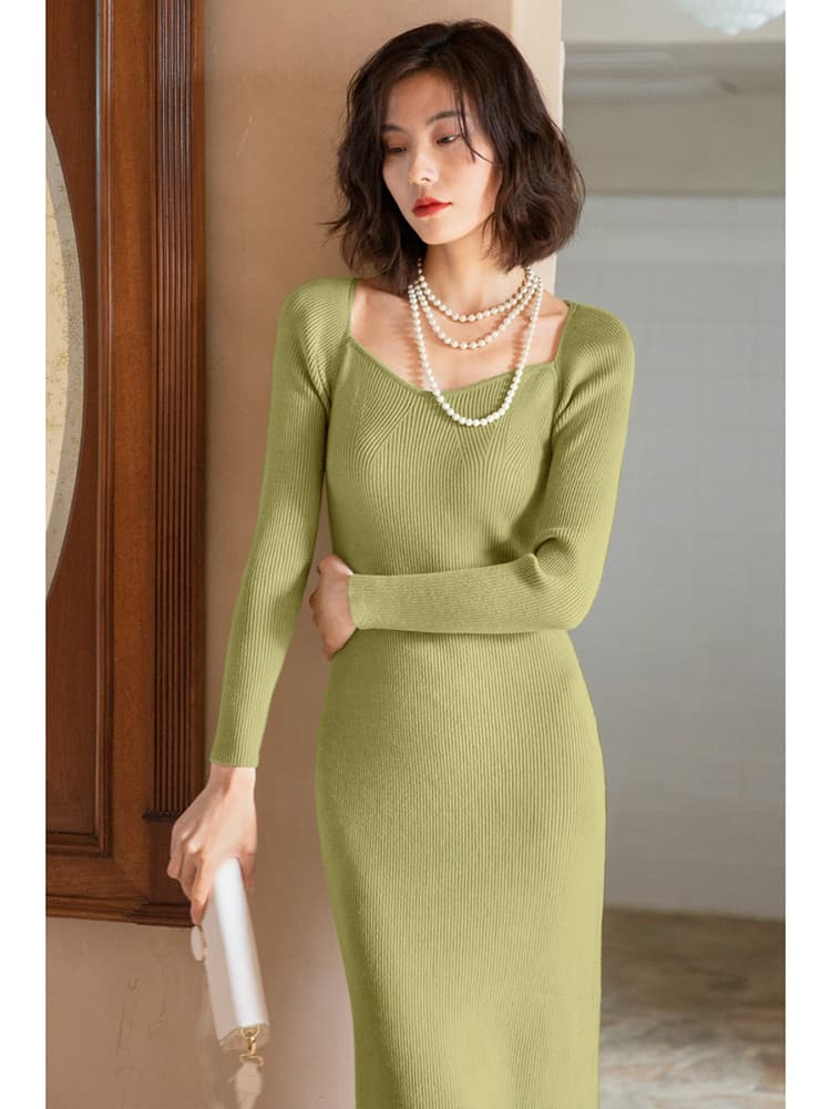 ロングワンピース ニット シンプル美シルエットリブニットワンピース