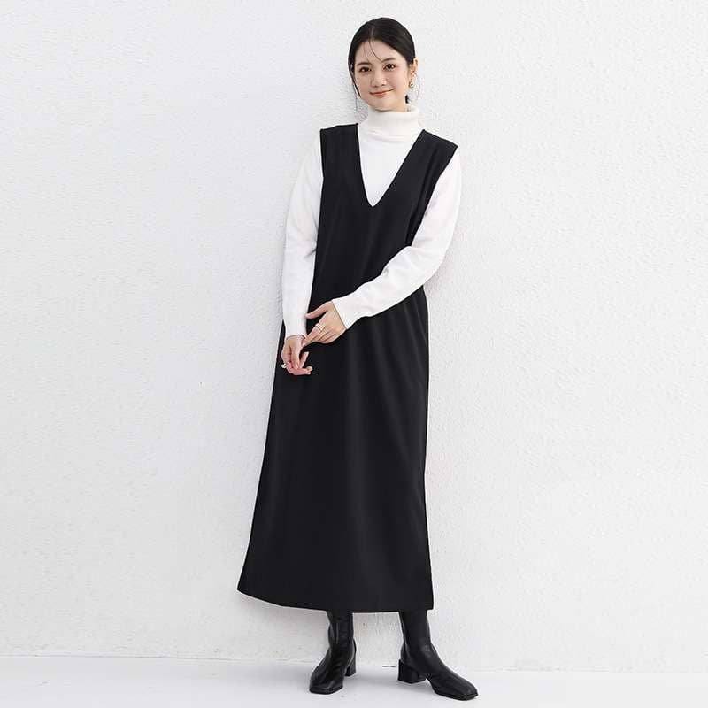 ロングワンピース シンプル深Vネックジャンパースカート