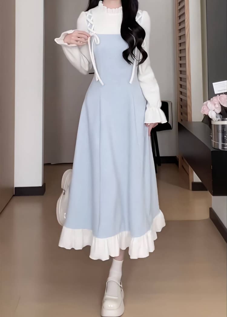 ロングワンピース 姫系リボンレース飾り付きティアードワンピース