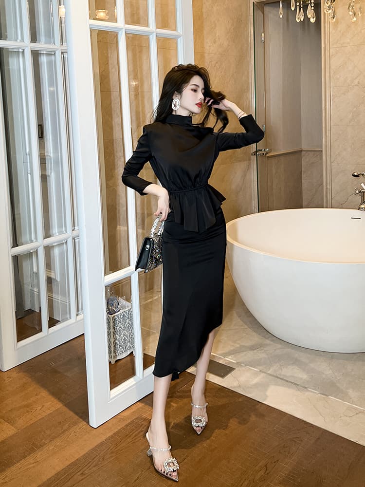 ロングワンピース タートルネック 優美なペプラムデザイン タートルネックワンピース
