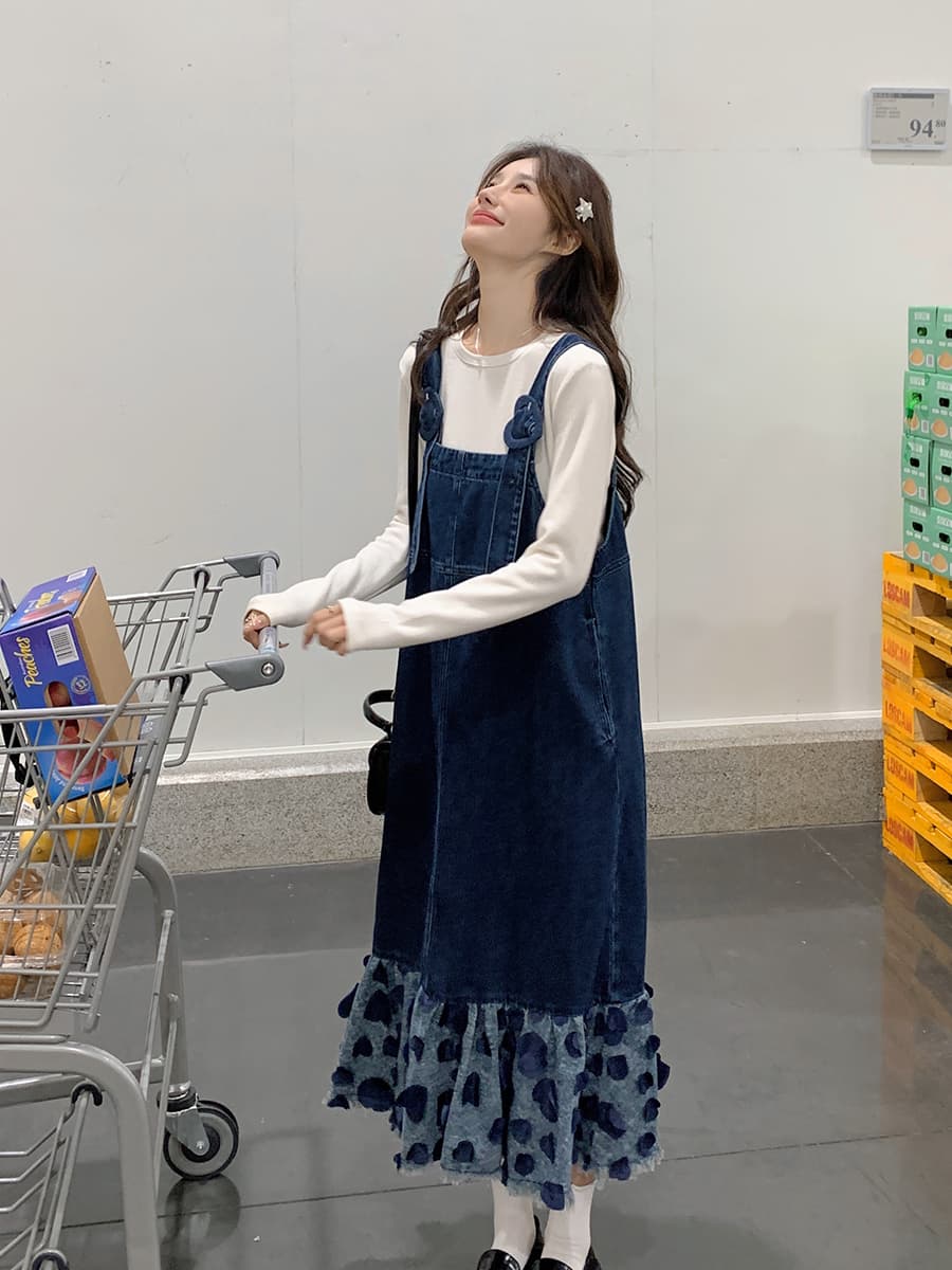 ロングワンピース ハートフリルデニムサロペットワンピース