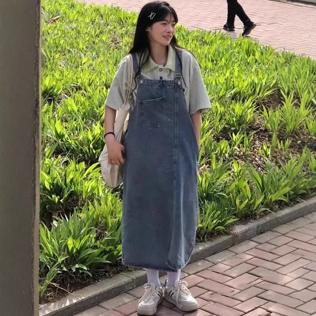 ロングワンピース ゆったりデニムサロペットワンピース
