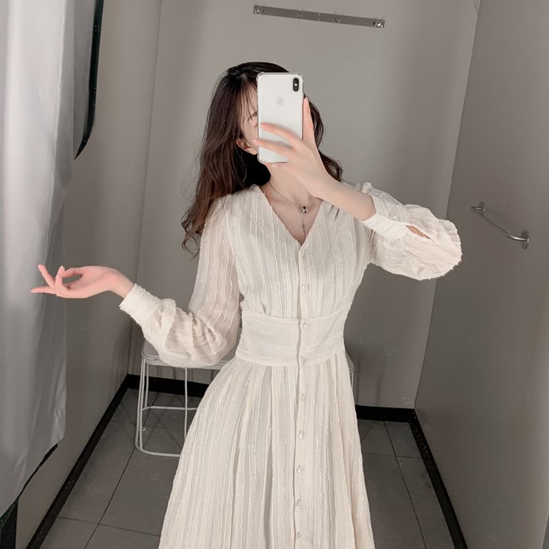 ロングワンピース シャツ ウエストマーク付きパフスリーブシャツワンピース