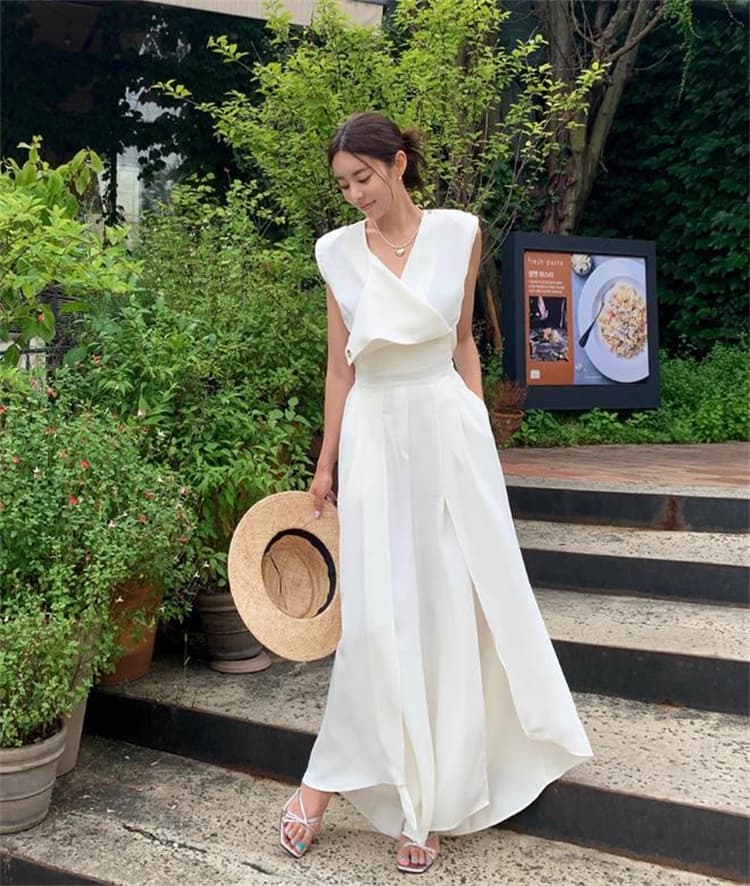 ロングワンピース 夏用ブイネックノースリーブウエスト絞りスリット入りワンピース