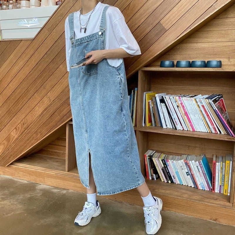 ロングワンピース ゆったりデニムサロペットワンピース