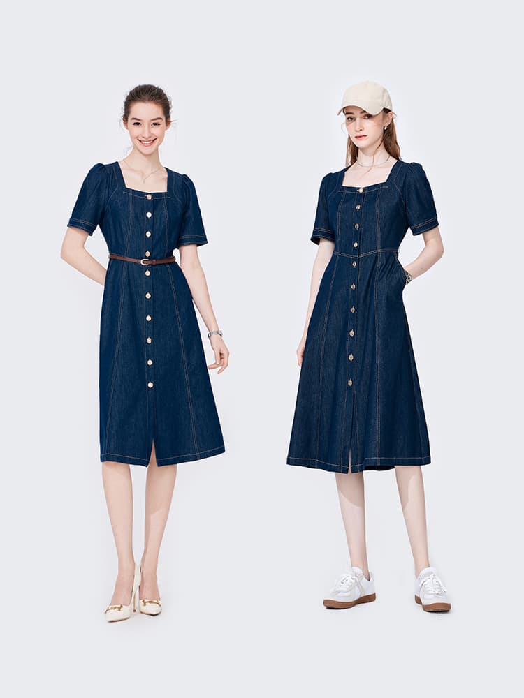 ワンピース デニム スクエアネック前開きデニムワンピース