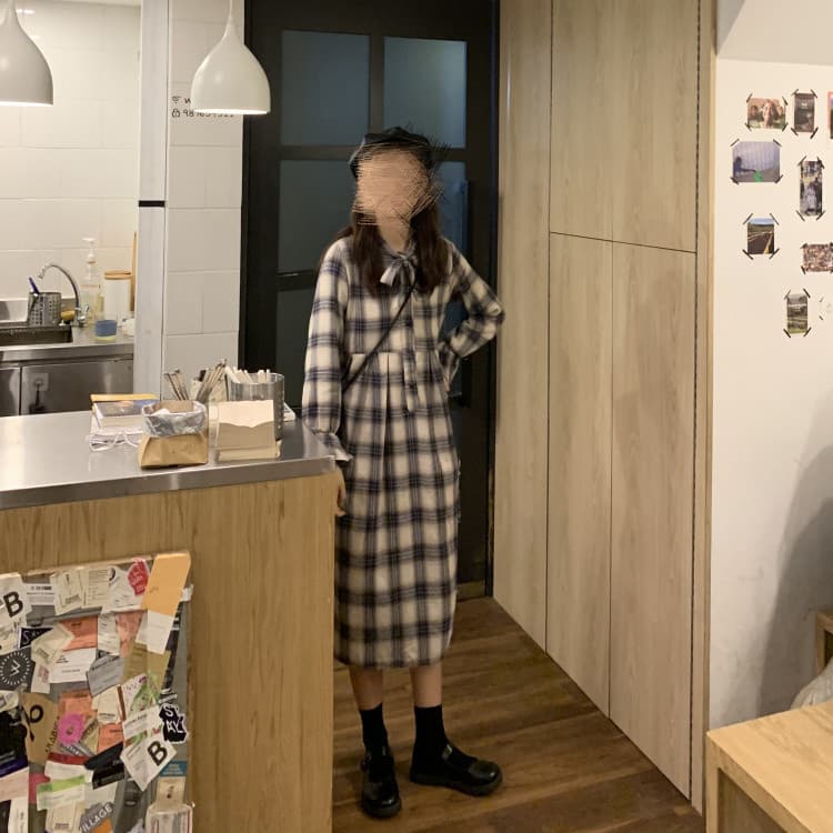 ロングワンピース 蝶結び付きチェック柄シャツワンピース レトロ風
