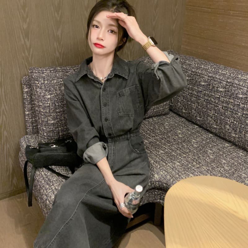 ロングワンピース ポロシャツ ウエストマーク付きデニム調シャツワンピース