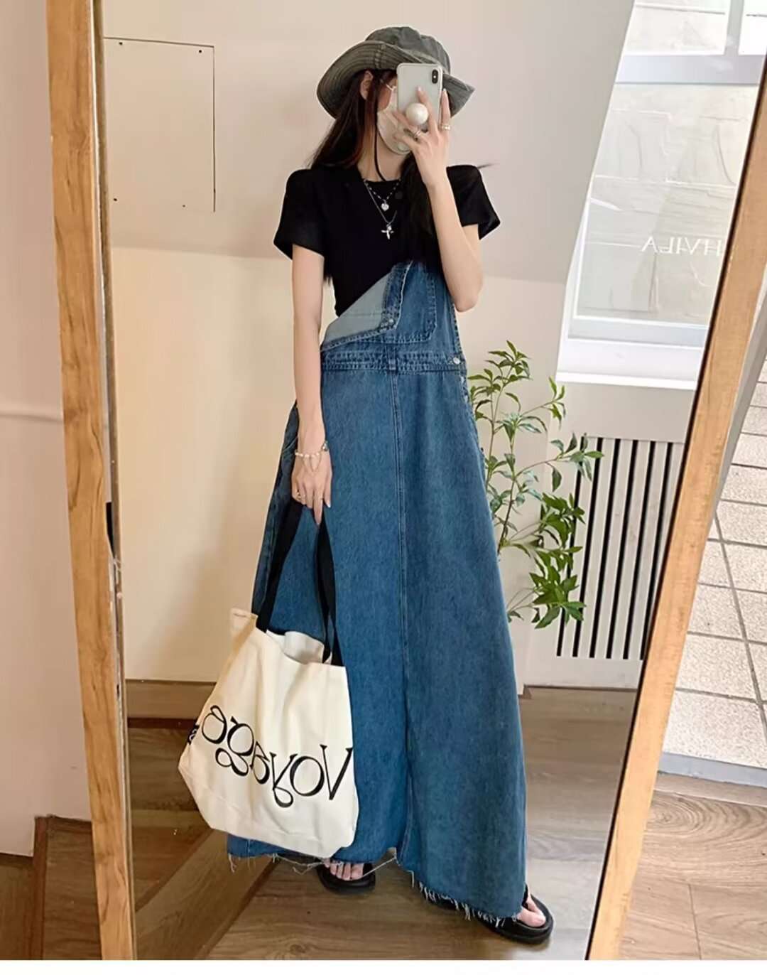 ロングワンピース ゆったりデニムサロペットワンピース