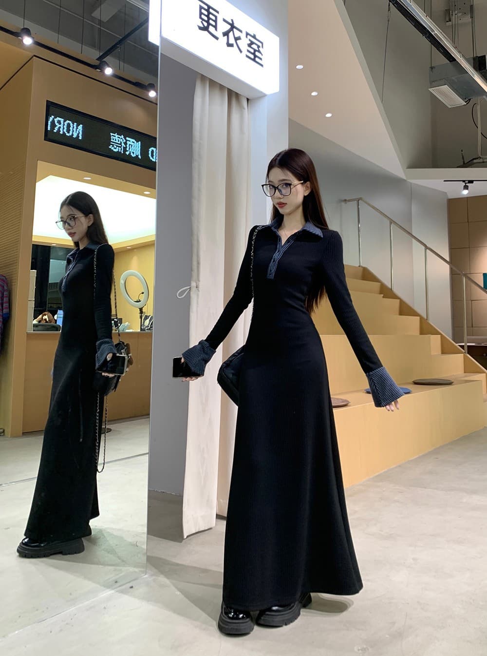 ロングワンピース 上品シルエット リブニット マキシ丈ワンピース