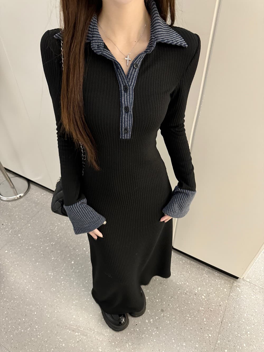 ロングワンピース 上品シルエット リブニット マキシ丈ワンピース