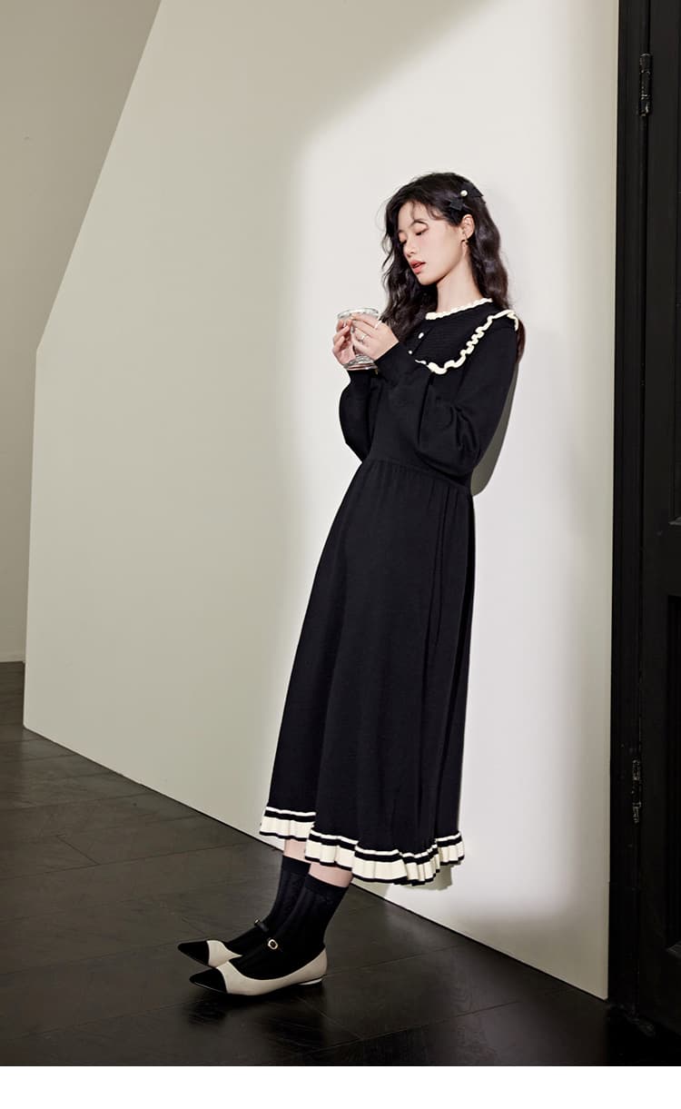 ロングワンピース フリル襟レトロニットワンピース