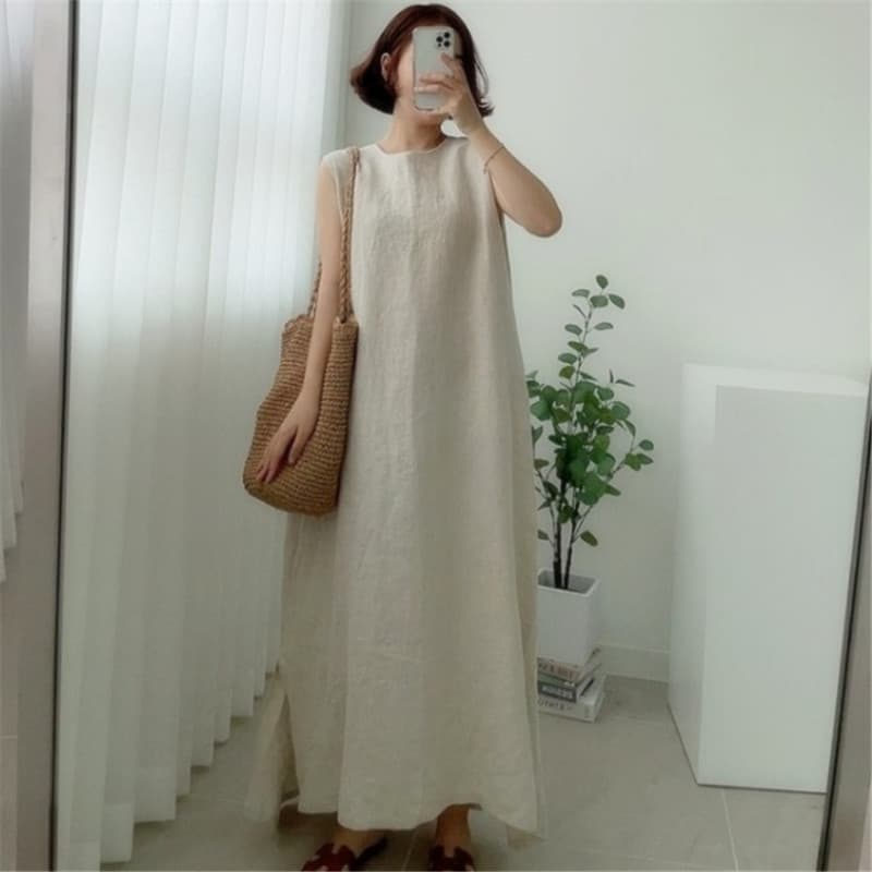 ロングワンピース 女性用ノースリーブワンピース 長袖丈 韓国風着痩せ新作