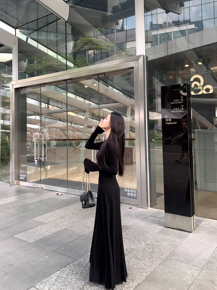 ロングワンピース シンプル細リブマーメイドワンピース