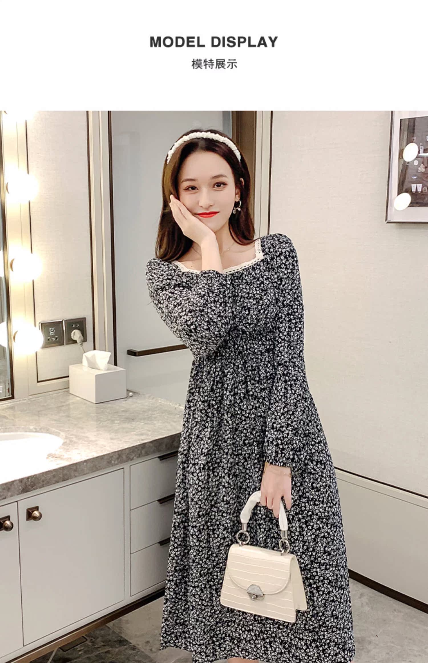 ロングワンピース レース 花柄シャーリング長袖ロングワンピース