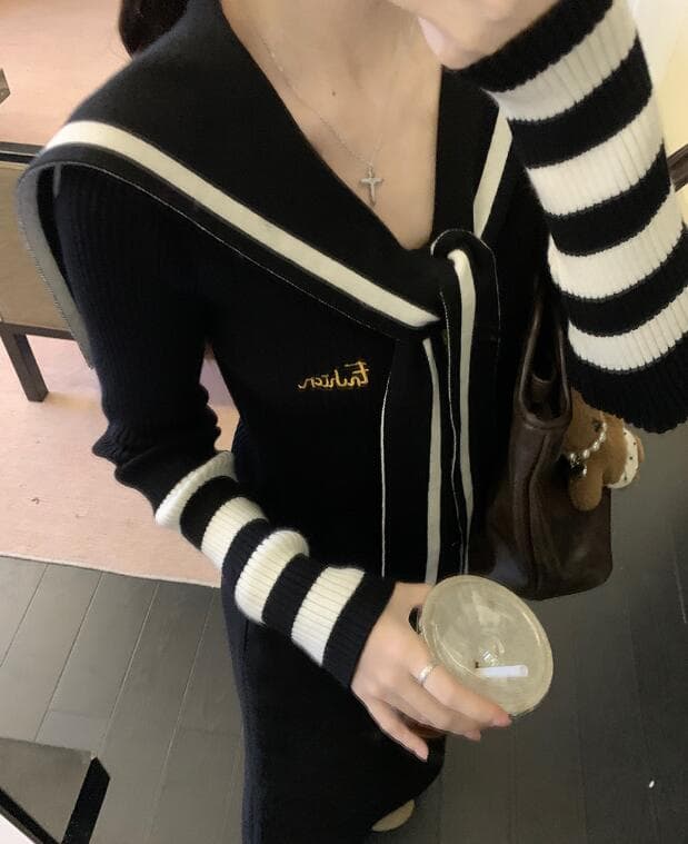 秋冬新作 セーラー風ニット ロングワンピース