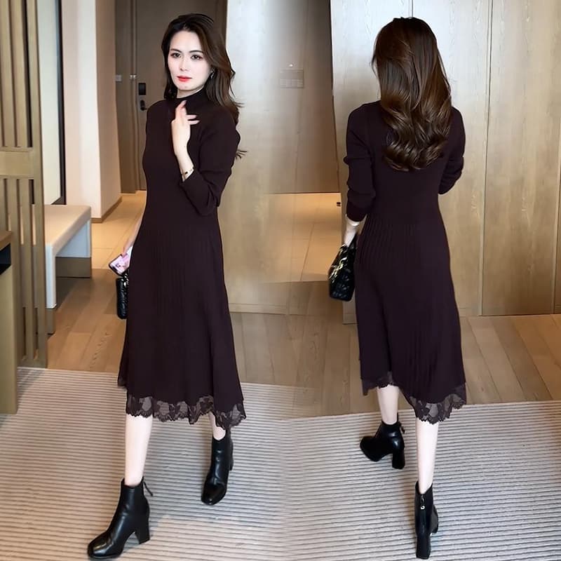 ロングワンピース レース 優美レース裾ミディ丈ワンピース
