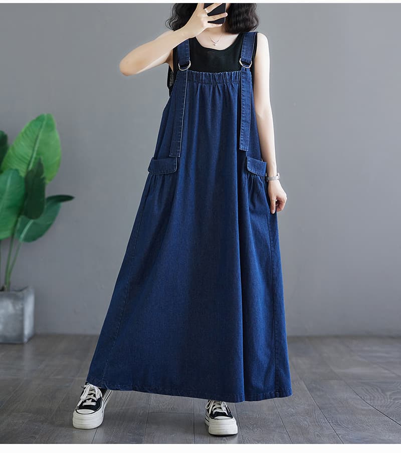 ロングワンピース ゆったりデニムサロペットワンピース