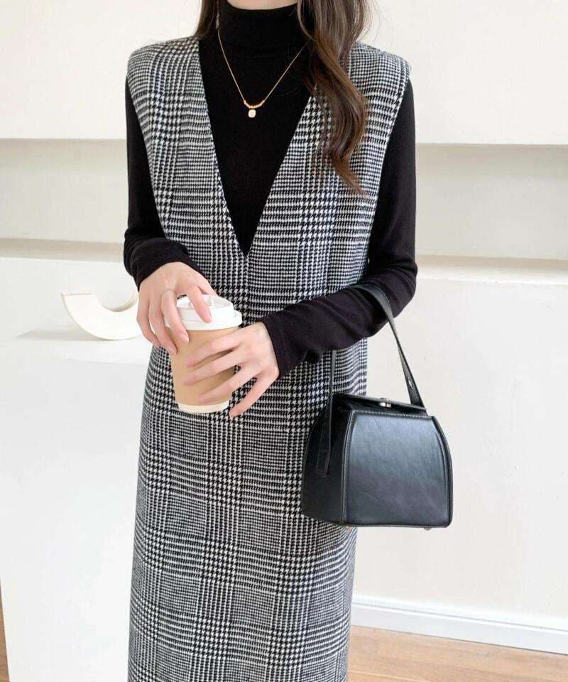 ロングワンピース シンプル格子柄ジャンパースカート