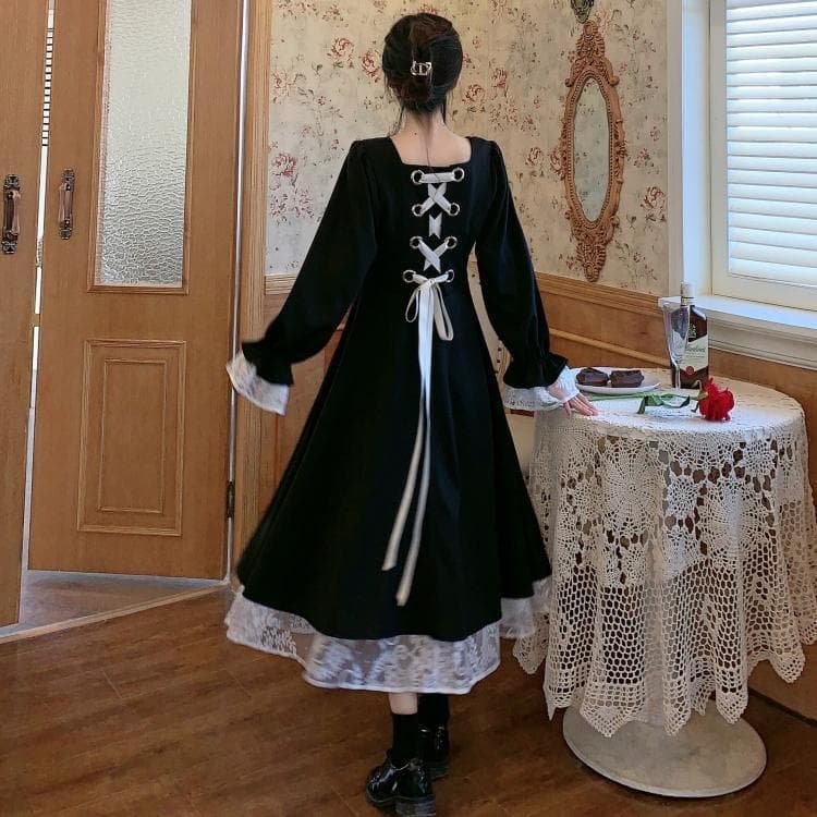 ロングワンピース 背中リボン レース切替 姫袖ワンピース