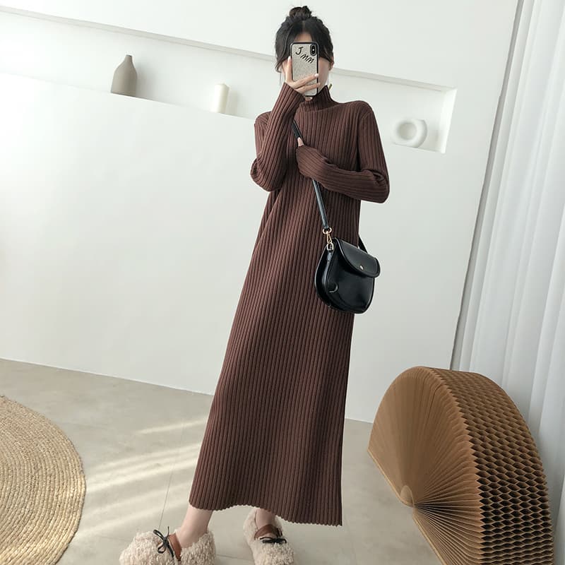 ロングワンピース タートルネック 優美リブ編みタートルネックワンピース