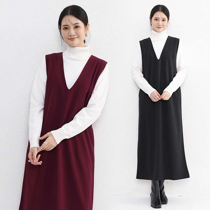 ロングワンピース シンプル深Vネックジャンパースカート