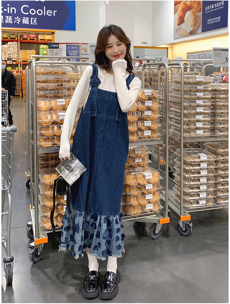 ロングワンピース ハートフリルデニムサロペットワンピース