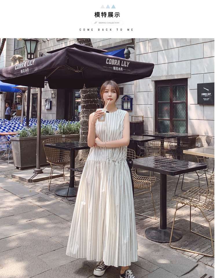 ロングワンピース シンプル細ストライプ ノースリーブマキシワンピース
