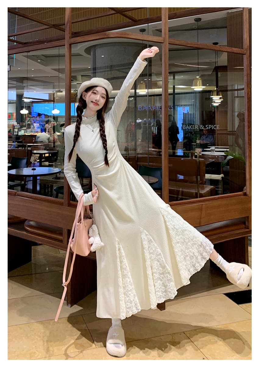 ロングワンピース 優美なフレア レースワンピース
