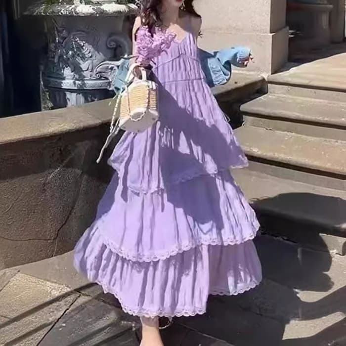 ロングワンピース レース ティアードレース重ね重ねマキシ丈ワンピース