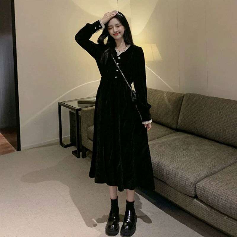 ロングワンピース 優美なベルベット素材のリボン付きワンピース
