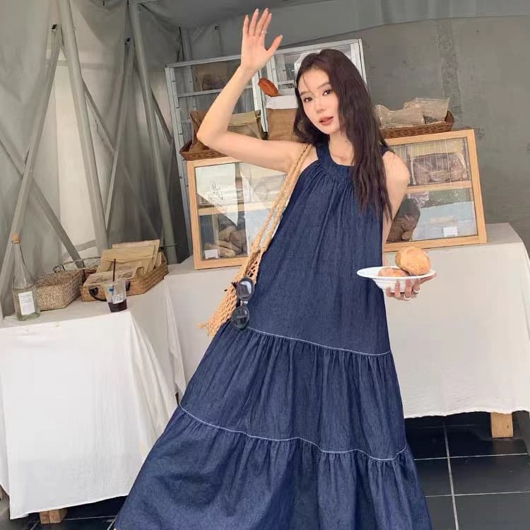 ロングワンピース 重ね着風ティアードロングワンピース