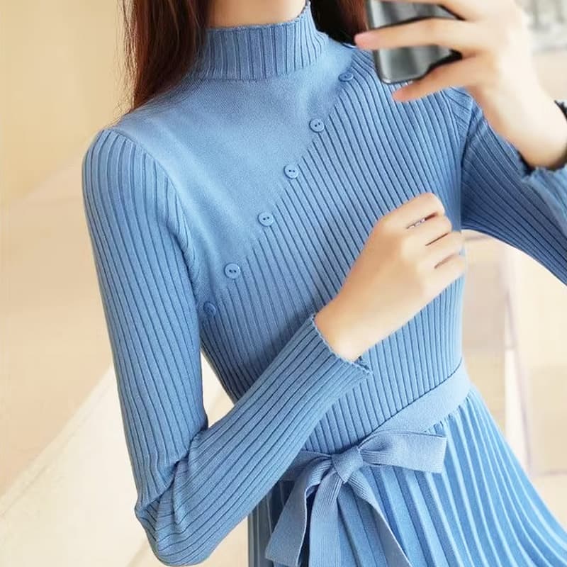 ロングワンピース リブ編みフレアタートルニットワンピース