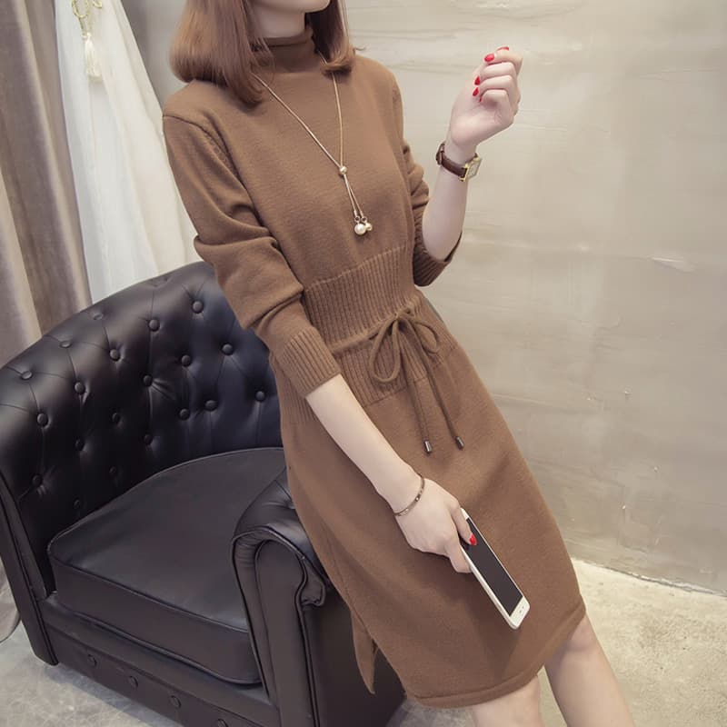 ワンピース タートルネック ウエストリボン タートルネック ニットワンピース