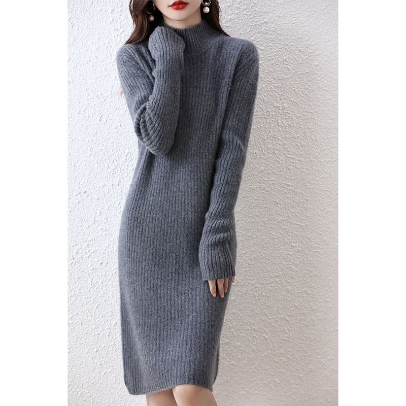 ロングワンピース シンプル リブ ハイネック ニットワンピース