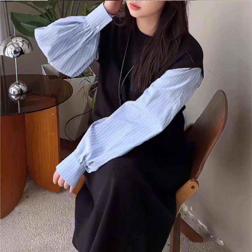 ロングワンピース コットン袖切替ロングワンピース