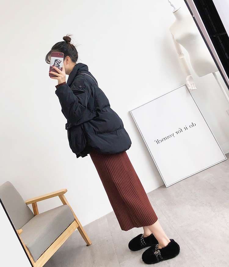 ロングワンピース リブ編みタートルネックミディアム丈ワンピース