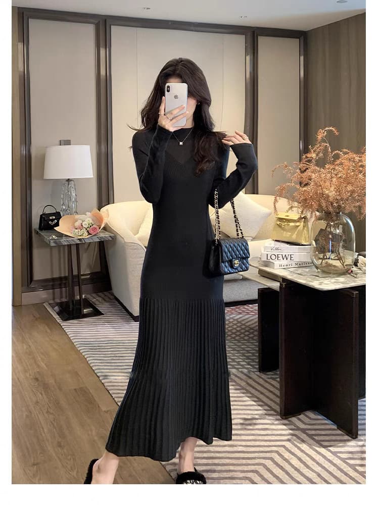 ロングワンピース ニュアンスプリーツニットワンピース
