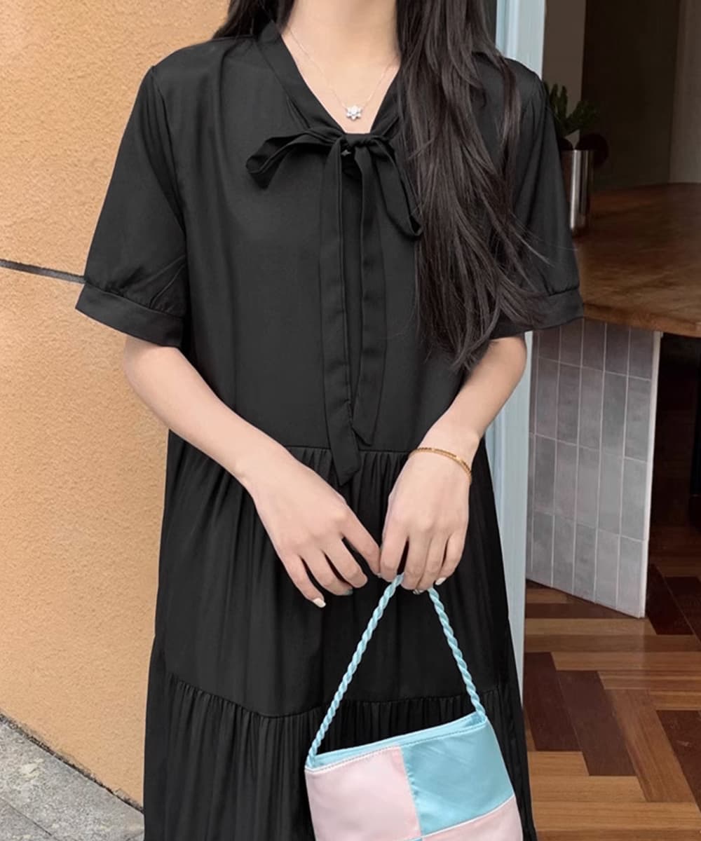 レース付きリボンタイ ティアードロングワンピース ミモレ丈