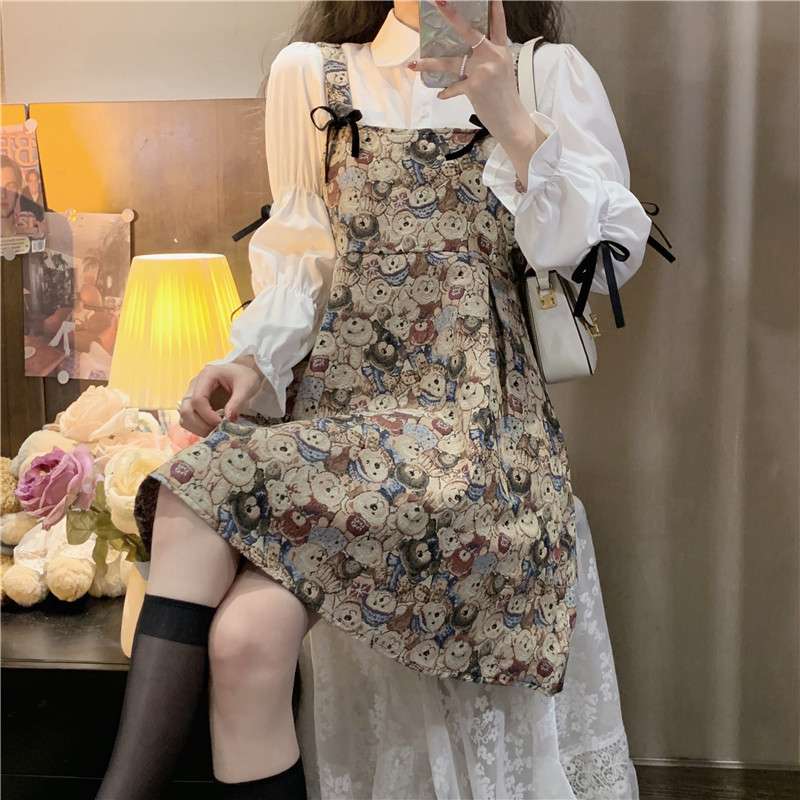 ロングワンピース ふわくま総柄ジャンパースカート