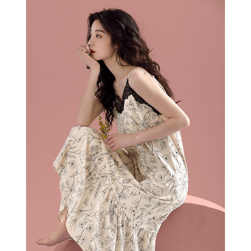 ロングワンピース レース 優美な花柄レース キャミワンピース