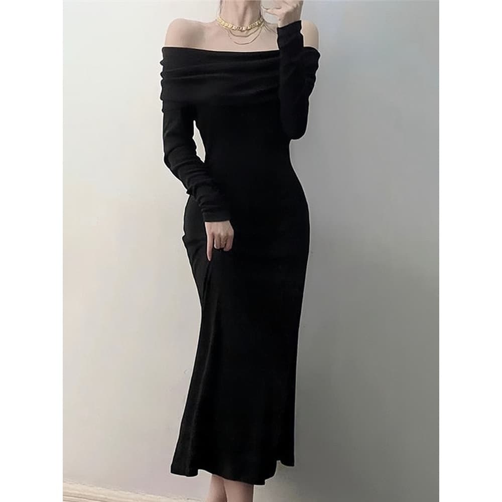 ロングワンピース ニット シンプル オフショルダー リブニット ワンピース